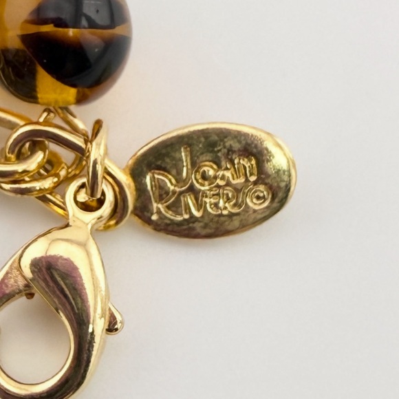 Vintage Joan Rivers Gold Toned Czech Glass Amber Beaded Dangle Charm Bracelet - Picture 5 of 8